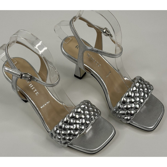 Ron White Aneesha Metallic Silver Leather Braided Ankle Strap Sandals 37.5/7 US - Picture 1 of 11
